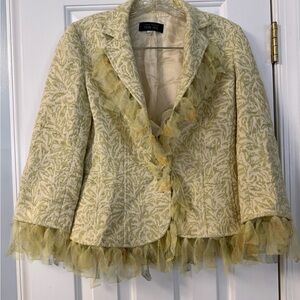 Rickie Freeman Teri Jon 2-Piece Skirt Suit Size 4 Green Textured w/ Tulle Trim